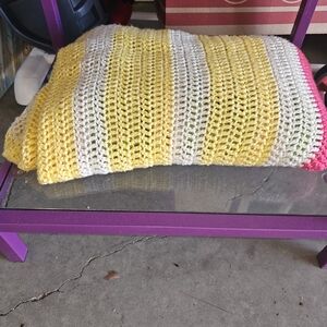 Striped Crochet Throw Blanket - Yellow, White & Pink Accent